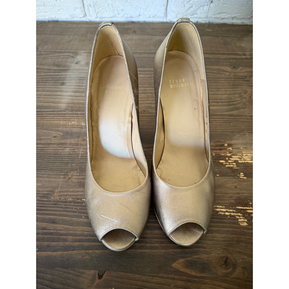 Stuart Weitzman Metallic Gold Leather Peep Toe Wedge‎ Heels Women's Size 9M - Picture 5 of 12
